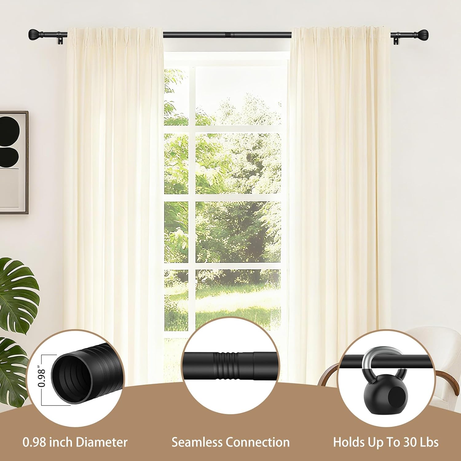 Curtain Rods for Windows 20.77 to 92.85 Inches, 1 Diameter Adjustable Black Curtain Rod, Window Treatment Rods with Round Finials, Easy Mount Hardware Included (46.77-96.85 Inches)